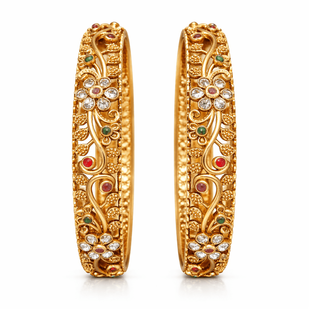 Floral Heritage Bangle Pair – 22K Gold Plated | Handcrafted Stone Carving