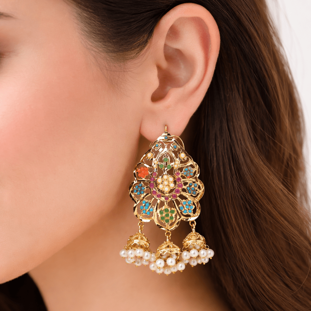 Nauratan Kundan Jhumka Earrings with Pearl Drops