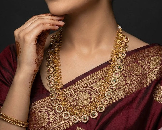 Golden Coin Medallion Necklace Set - Long Chain Temple Jewelry Gold Plated