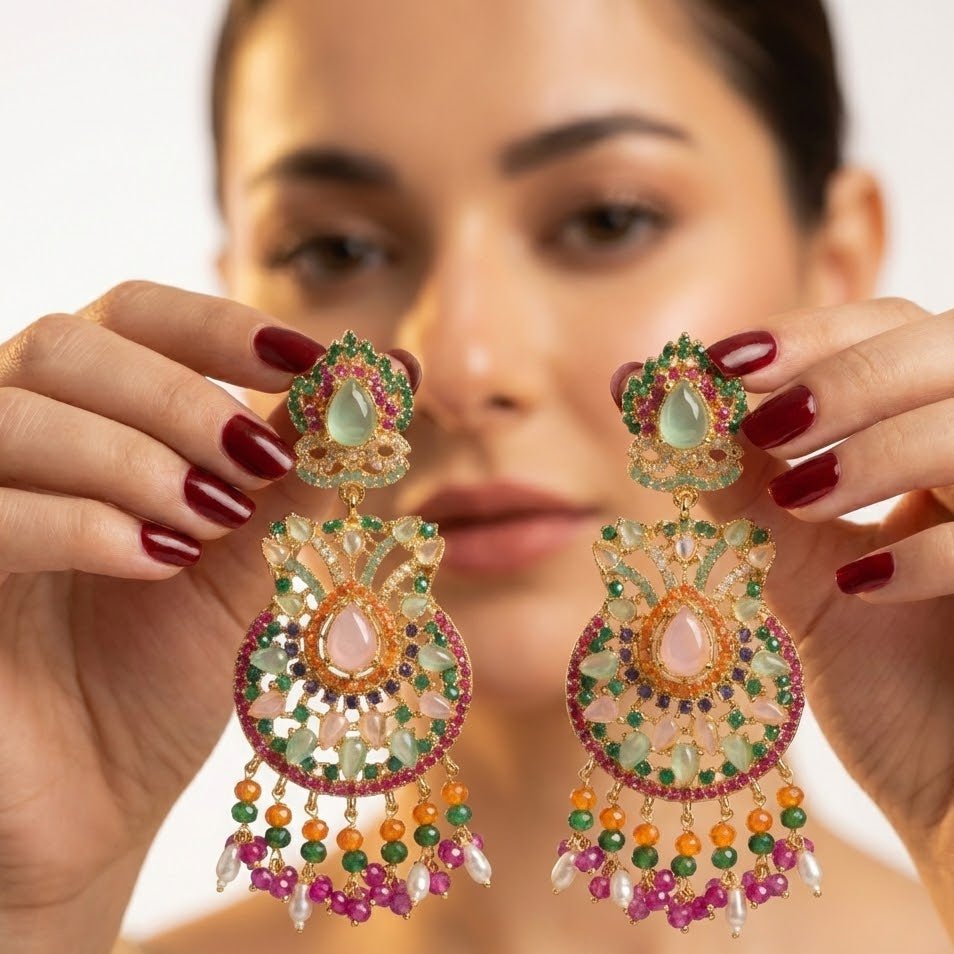 Royal Nauratan Jhumka Earrings - Traditional Pakistani Bridal Jewelry