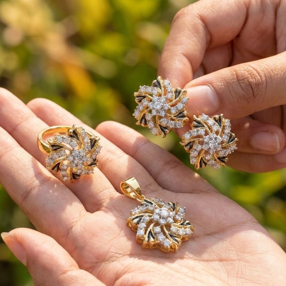 American Spin Pendant Set | 24K Gold Plated | Casted with American Zircons | Adjustable Ring