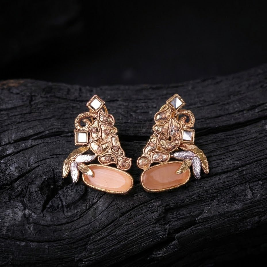 Hand Crafted Gold Plated Jhumka Earrings - Premium Stone Work