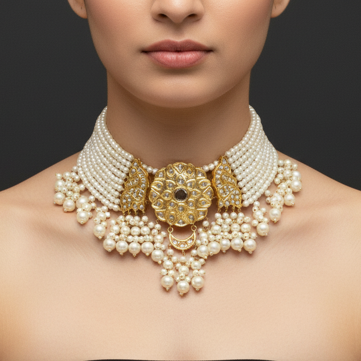 Woman wearing a gold and pearl necklace against a dark background