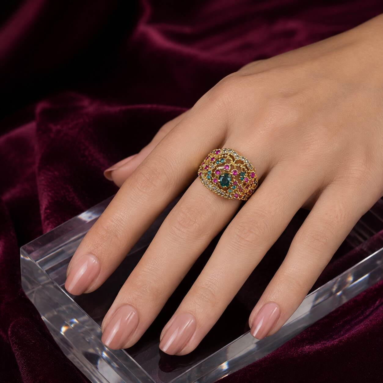 Rang-e-Gul Multicolour Crystal Lattice Ring – view 7