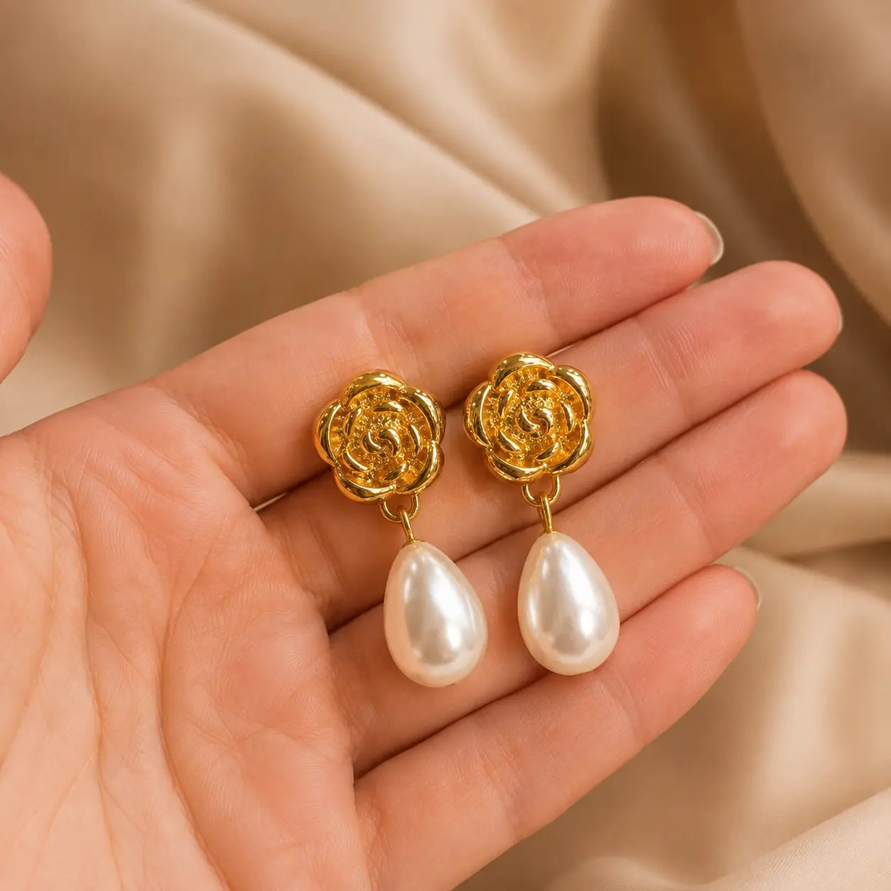 Golden Rose Pearl Drop Earrings