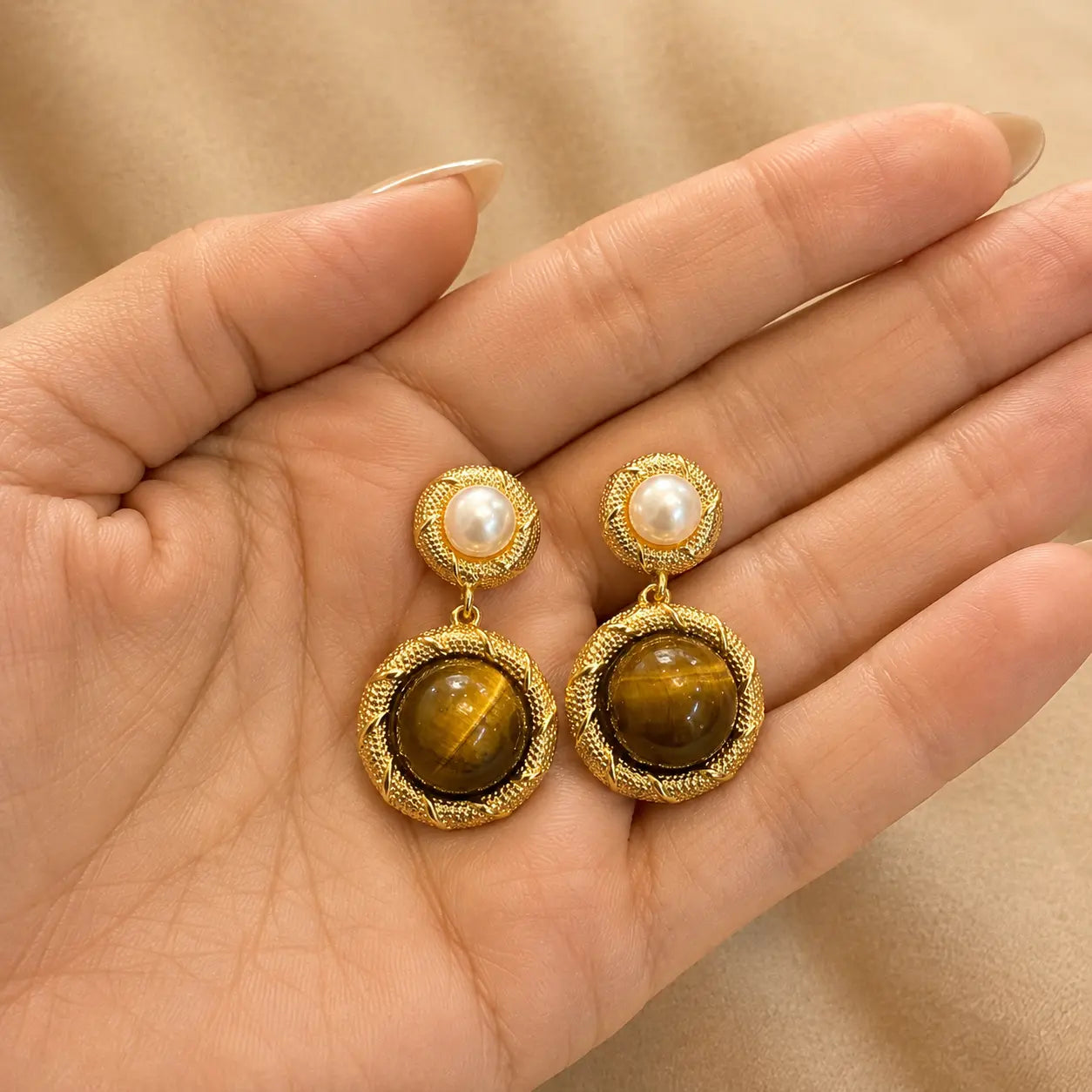 Tiger Eye & Pearl Gold Drop Earrings