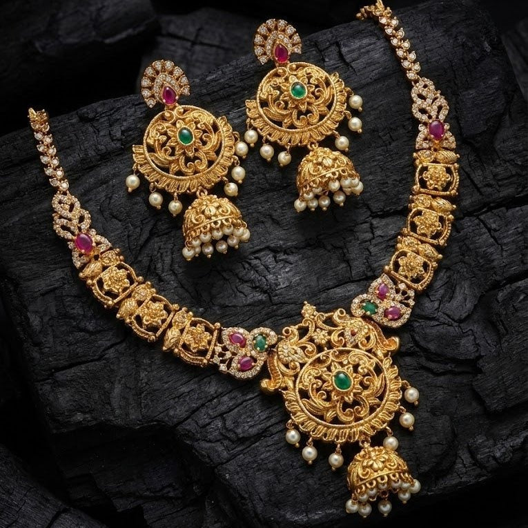 Filigree Jewelry Set with Jhumka Earrings - Antique Gold Plated