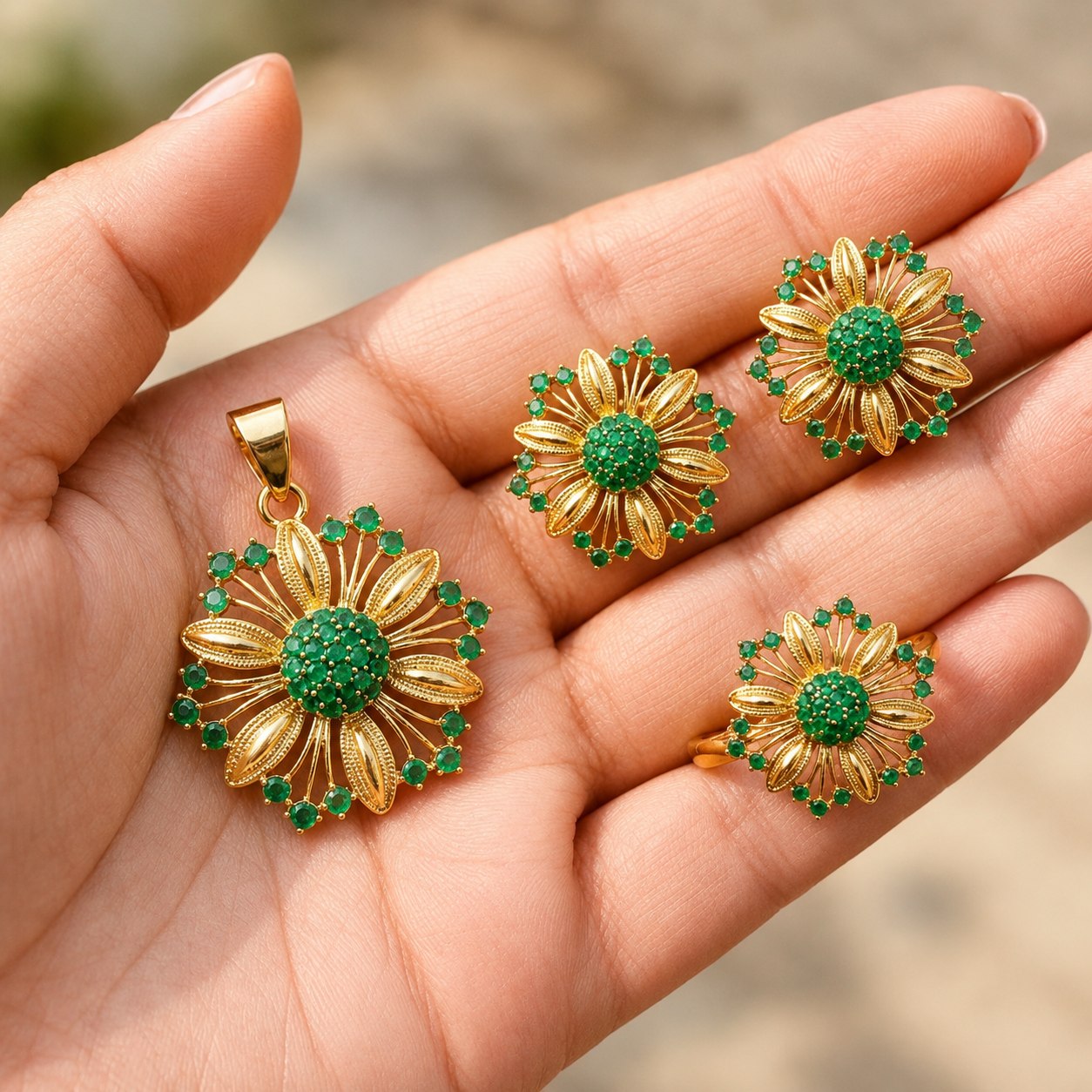 Gold Plated Zircon Combo Set – Studs, Ring & Pendant with Complimentary Pearl Mala
