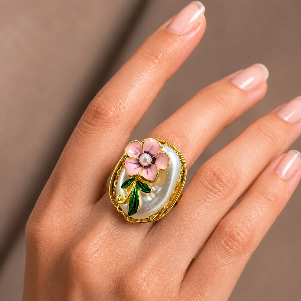 Baroque Pearl Pink Enamel Flower Adjustable Ring