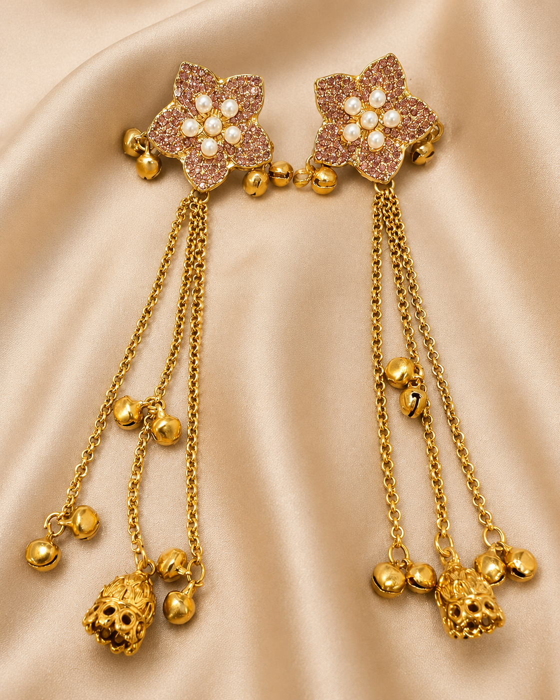 Kashmiri Tassel Jhumka Earrings – Floral Stud with Chain Drops & Bell Charms