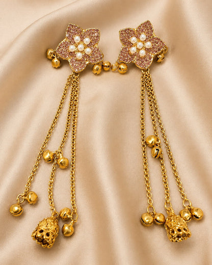 Kashmiri Tassel Jhumka Earrings – Floral Stud with Chain Drops & Bell Charms