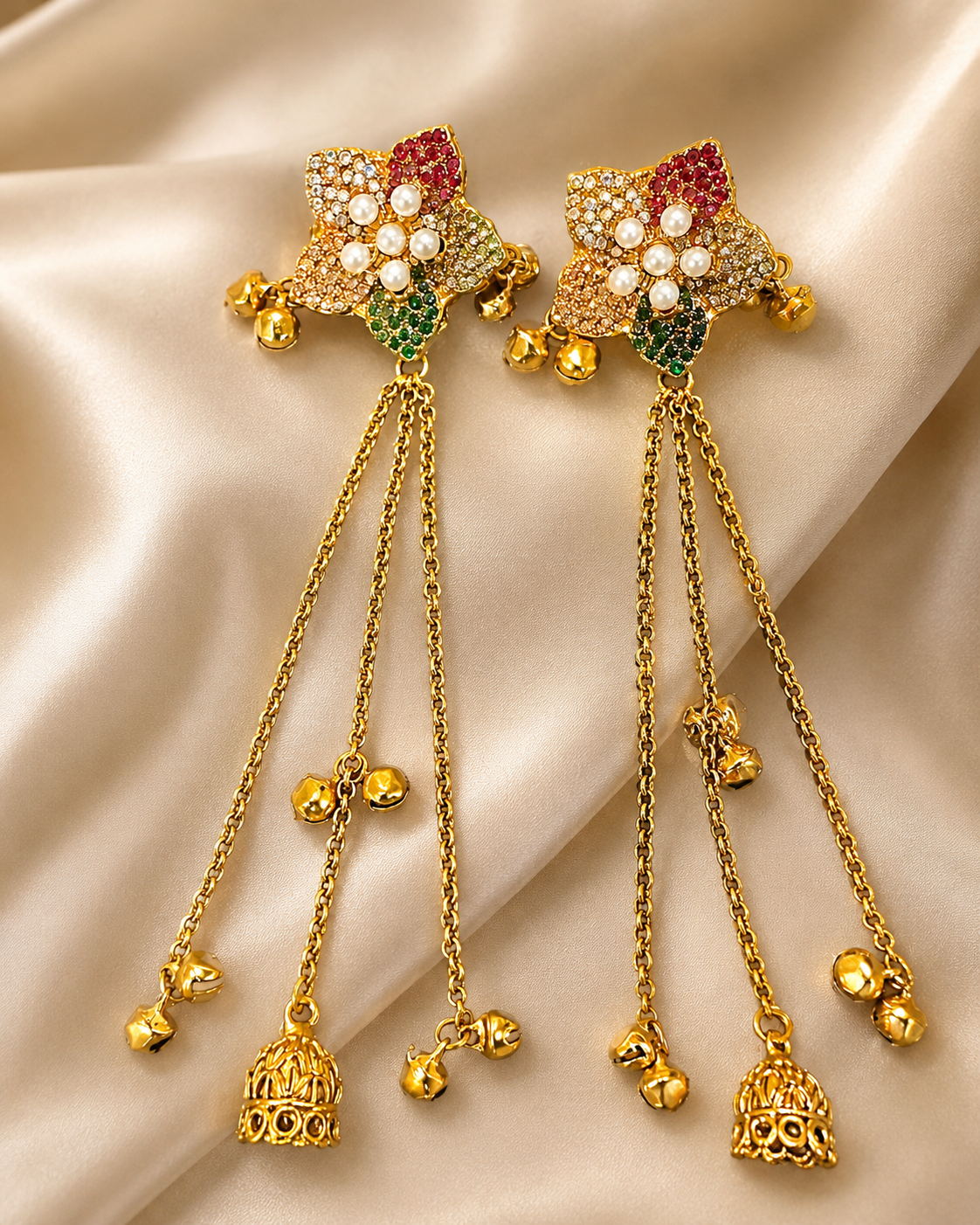 Kashmiri Tassel Jhumka Earrings – Floral Stud with Chain Drops & Bell Charms