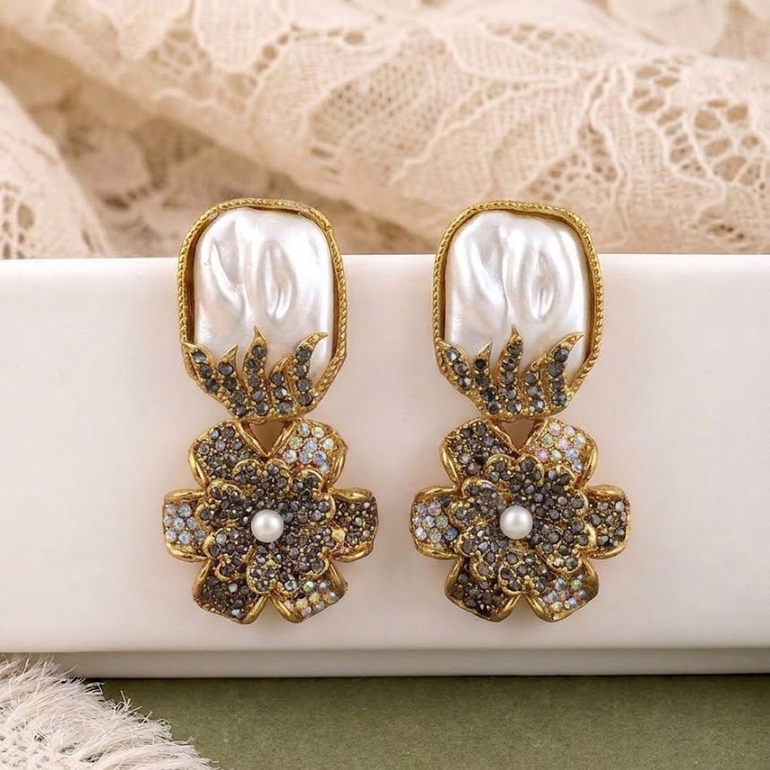 Gem-Encrusted Floral Dangle Earrings