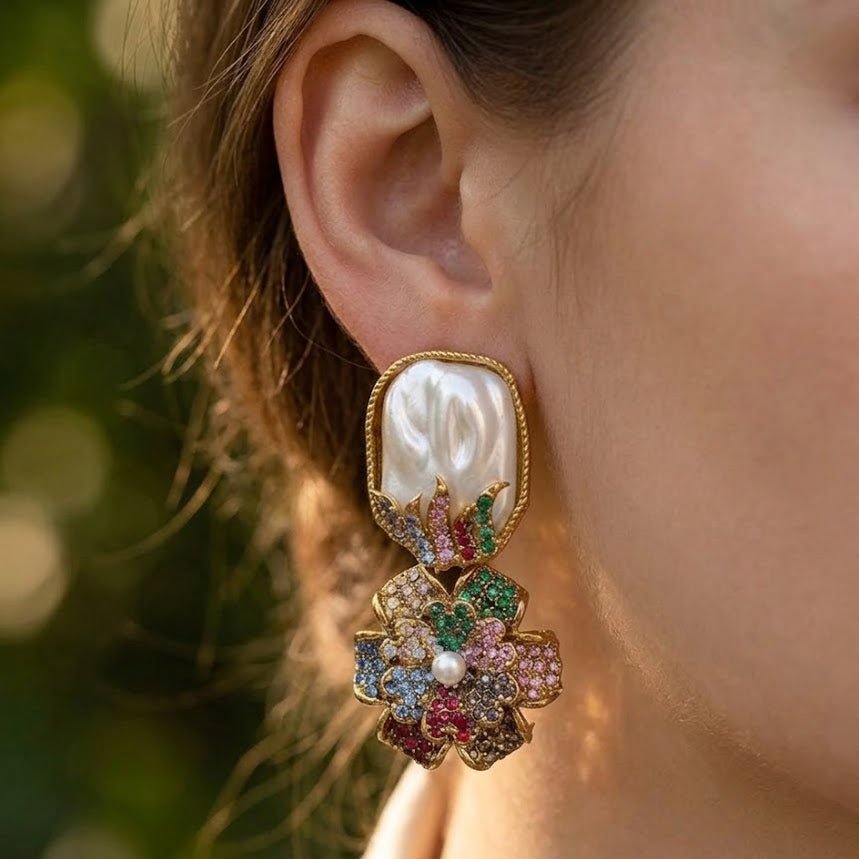 Gem-Encrusted Floral Dangle Earrings