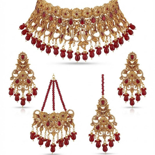 Eternal Ruby: Antique Gold Finish Bridal Set