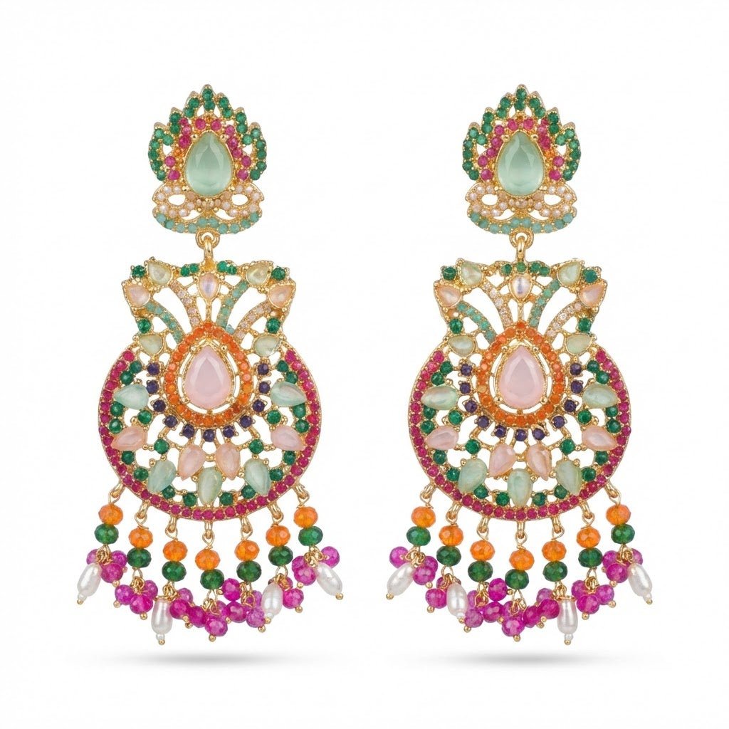 Royal Nauratan Jhumka Earrings - Traditional Pakistani Bridal Jewelry