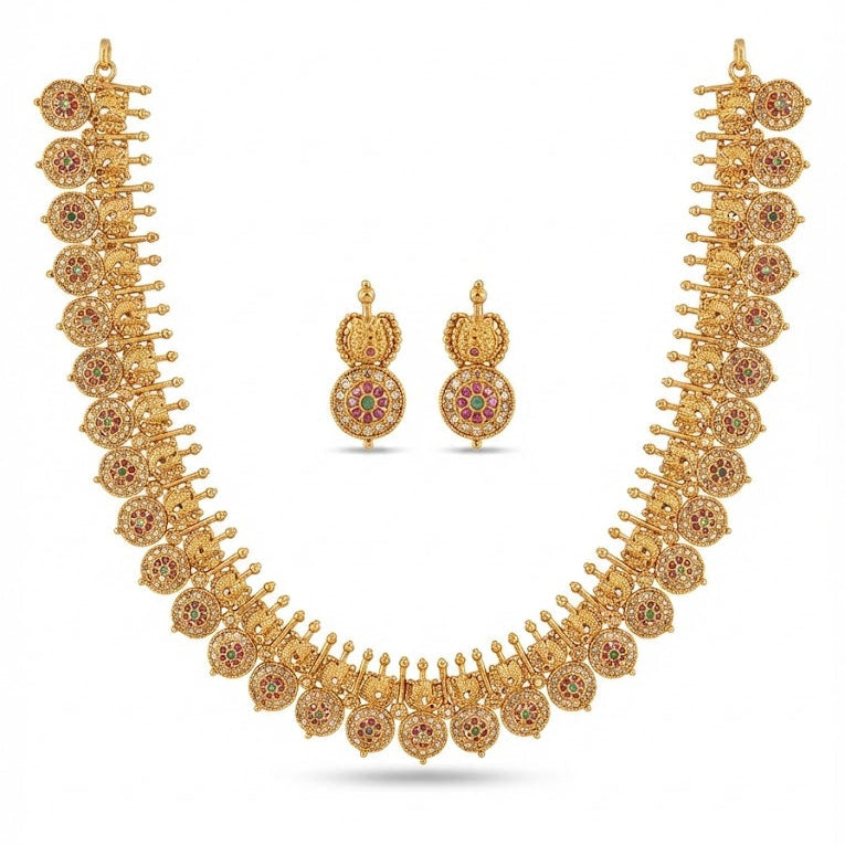 Golden Coin Medallion Necklace Set - Long Chain Temple Jewelry Gold Plated