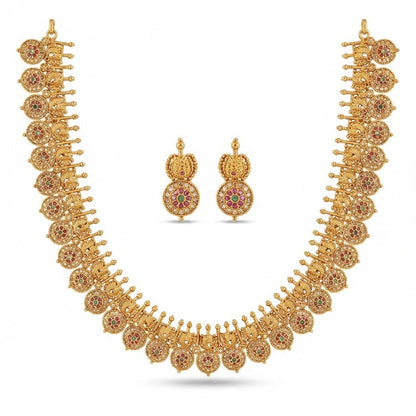 Golden Coin Medallion Necklace Set - Long Chain Temple Jewelry Gold Plated