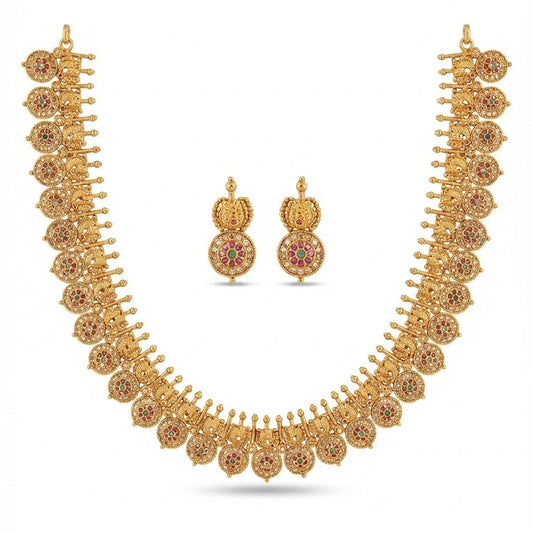 Golden Coin Medallion Necklace Set - Long Chain Temple Jewelry Gold Plated