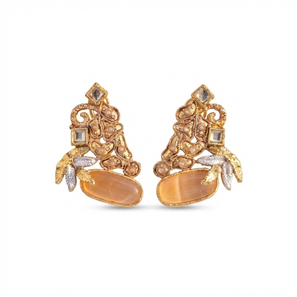 Hand Crafted Gold Plated Jhumka Earrings - Premium Stone Work