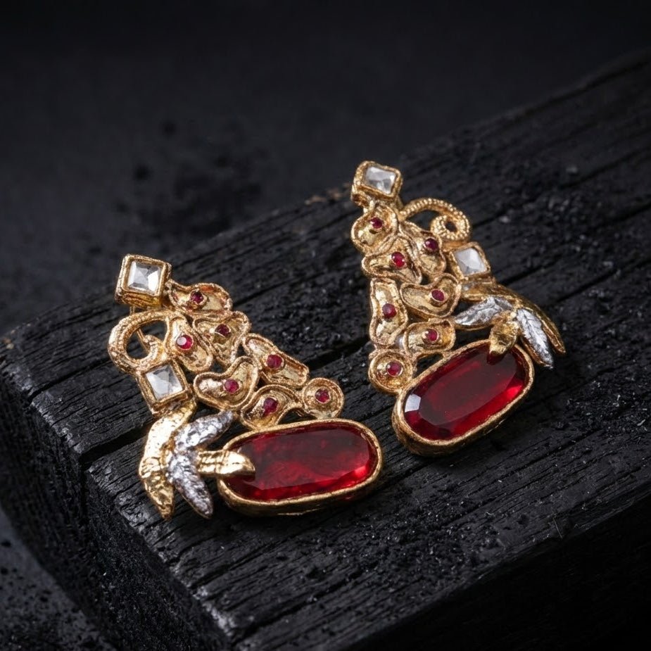 Hand Crafted Gold Plated Jhumka Earrings - Premium Stone Work