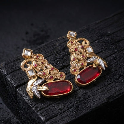 Hand Crafted Gold Plated Jhumka Earrings - Premium Stone Work