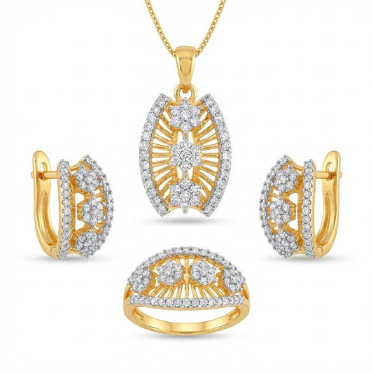 Gold & Silver Plated Sunburst Jewelry Set - Pendant, Ring & Earrings