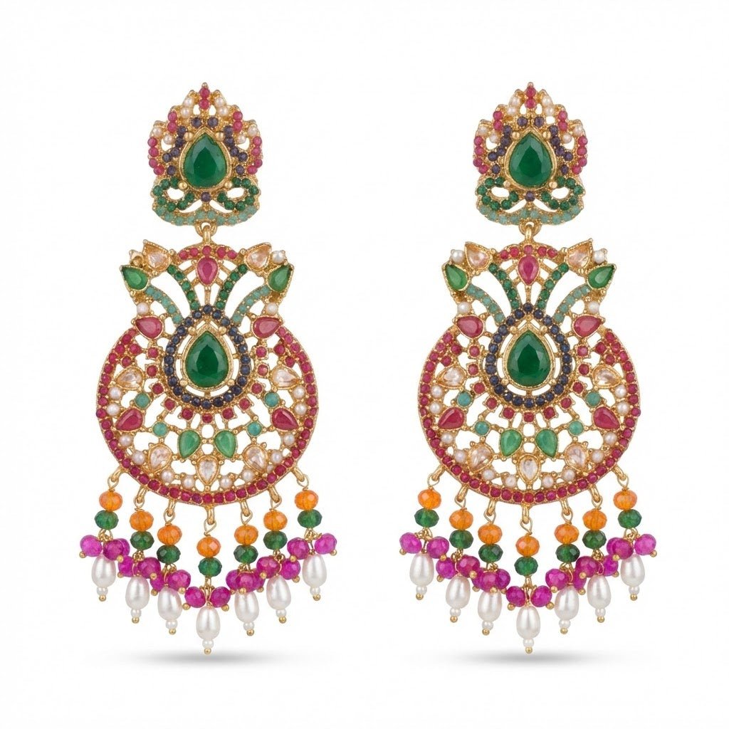 Royal Nauratan Jhumka Earrings - Traditional Pakistani Bridal Jewelry