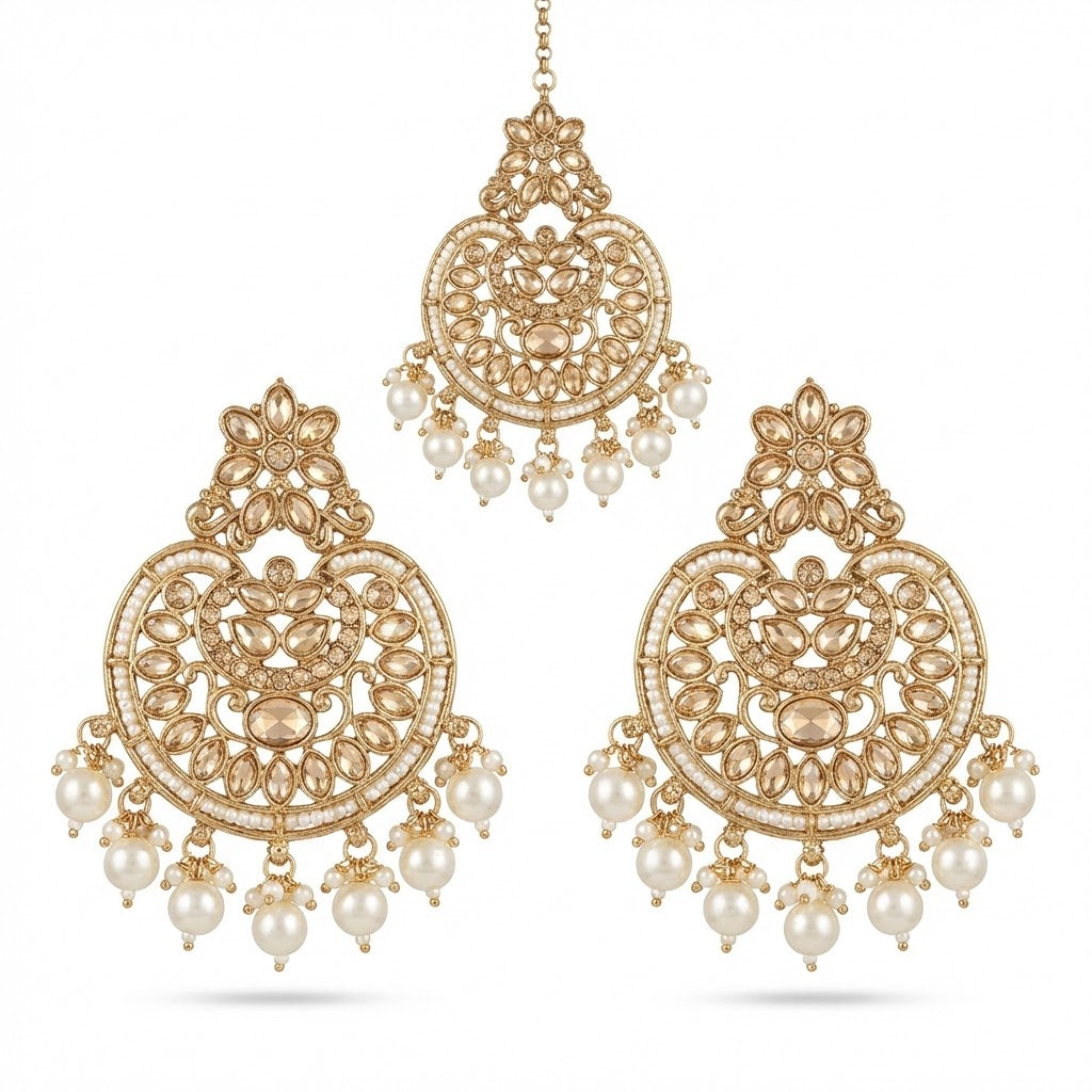 Gold Plated Crescent Moon Earrings & Tikka Jewelry Set