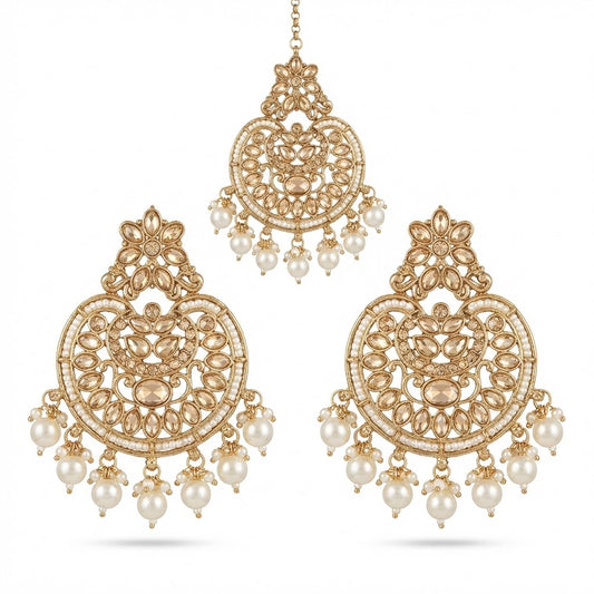 Gold Plated Crescent Moon Earrings & Tikka Jewelry Set