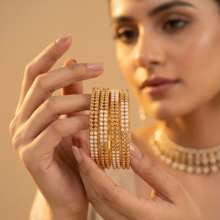 Gold Plated Pearl Bangle Set - 4 Piece with Beaded Design