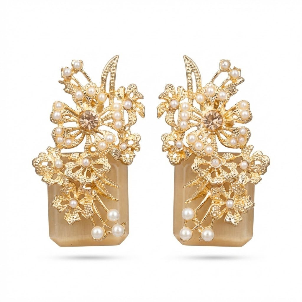Hand Crafted Blossom Earrings - Gold Plated Semi Precious Stone