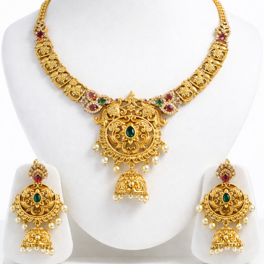 Royal Filigree Jewelry Set with Jhumka Earrings - Antique Gold Plated