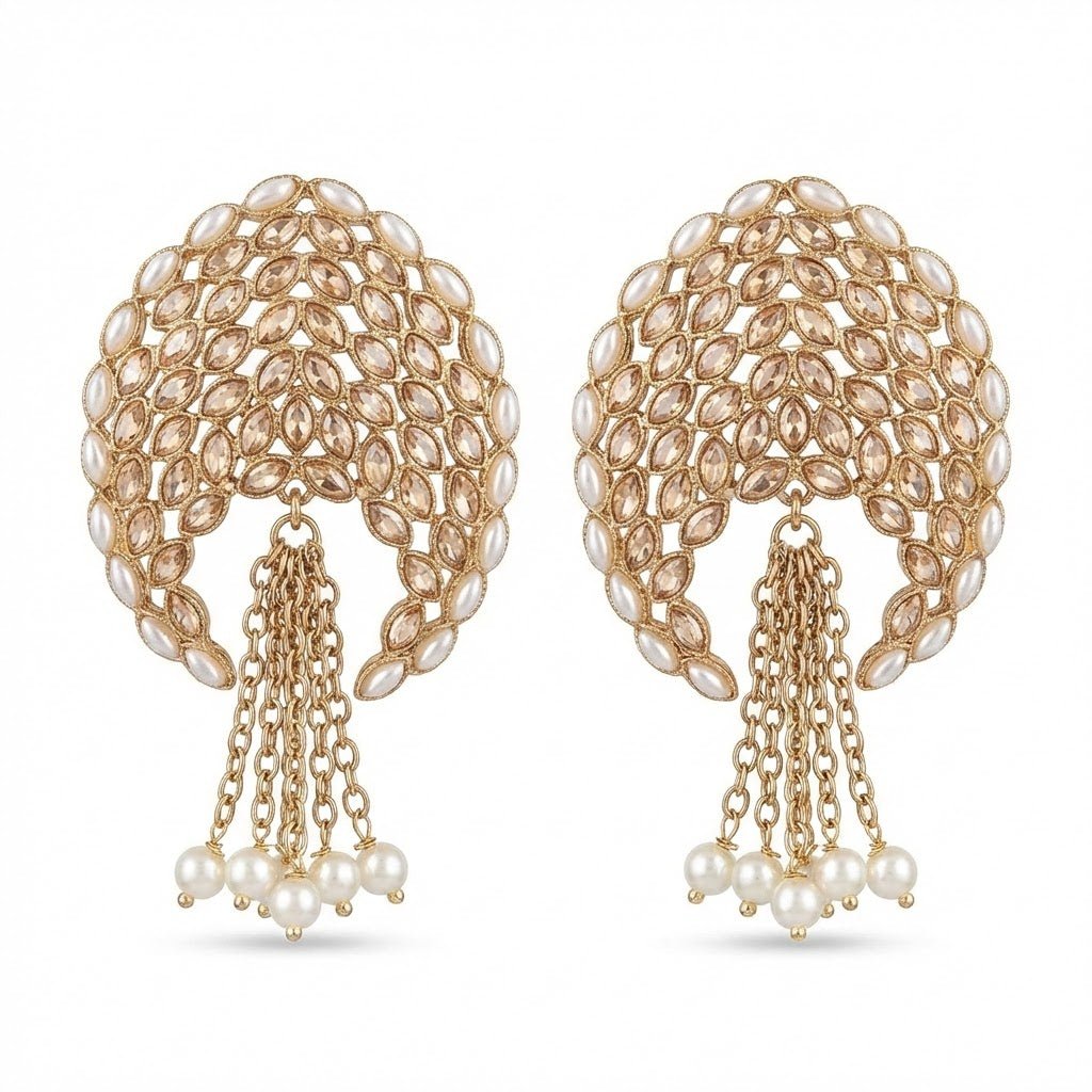 Gold Plated Statement Tassel Earrings with Pearls & Marquise Stones