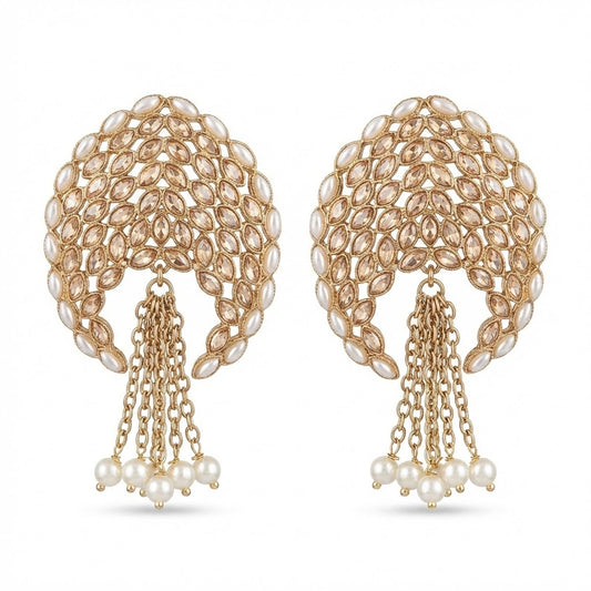 Gold Plated Statement Tassel Earrings with Pearls & Marquise Stones