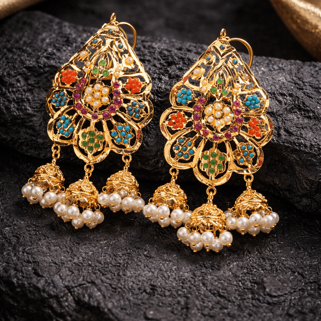 Nauratan Kundan Jhumka Earrings with Pearl Drops