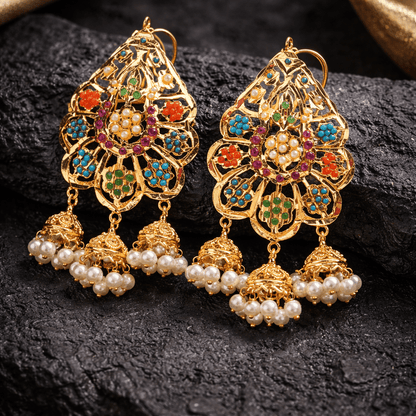 Nauratan Kundan Jhumka Earrings with Pearl Drops