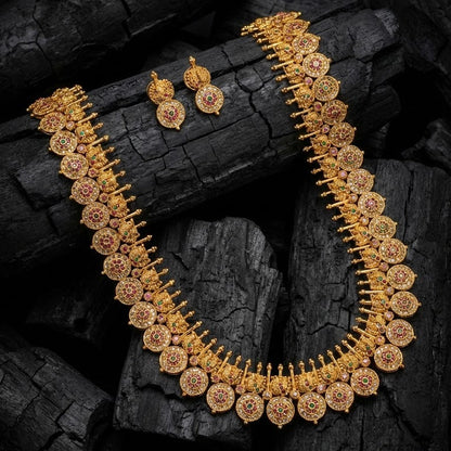 Golden Coin Medallion Necklace Set - Long Chain Temple Jewelry Gold Plated