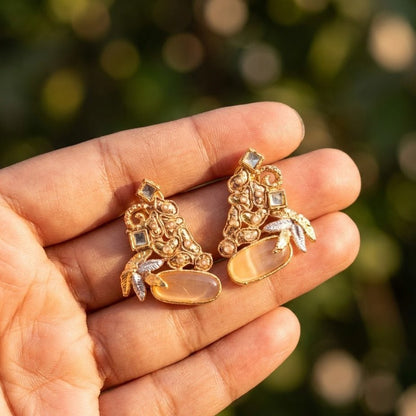 Hand Crafted Gold Plated Jhumka Earrings - Premium Stone Work