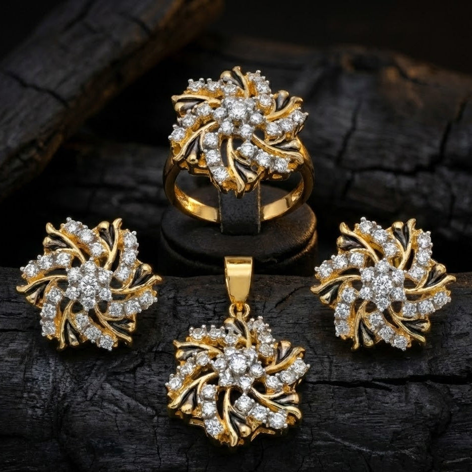 American Spin Pendant Set | 24K Gold Plated | Casted with American Zircons | Adjustable Ring