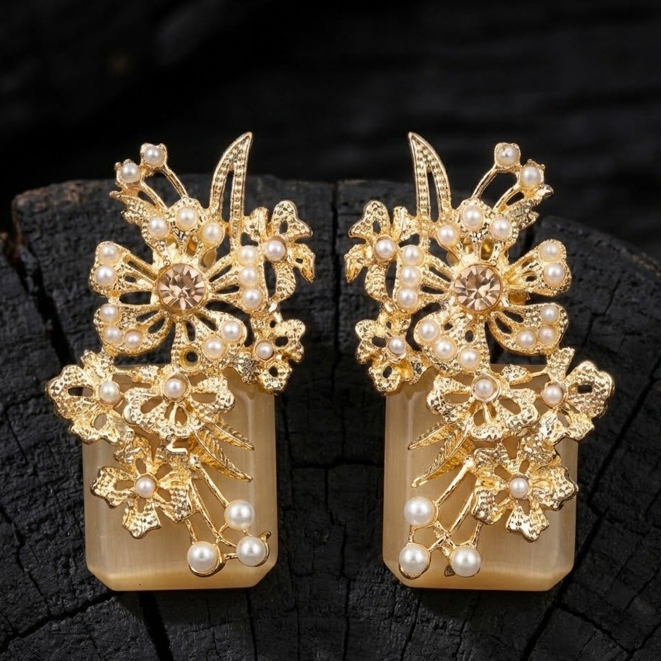 Hand Crafted Blossom Earrings - Gold Plated Semi Precious Stone