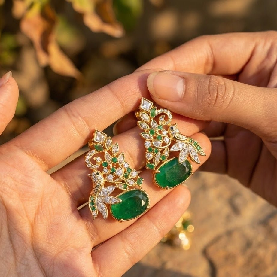Hand Crafted Gold Plated Jhumka Earrings - Premium Stone Work