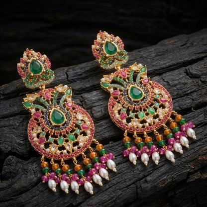Royal Nauratan Jhumka Earrings - Traditional Pakistani Bridal Jewelry