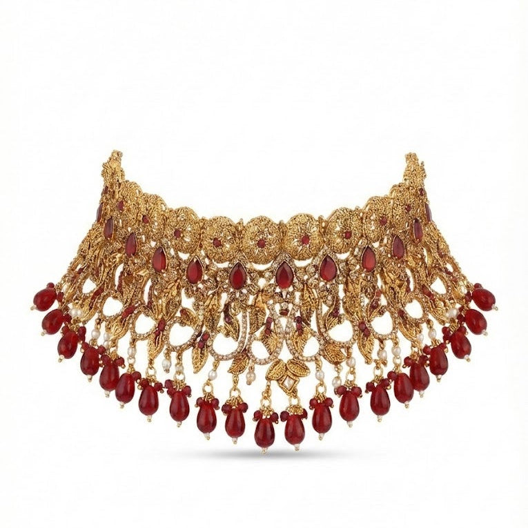 Eternal Ruby: Antique Gold Finish Bridal Set