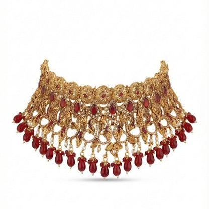 Eternal Ruby: Antique Gold Finish Bridal Set