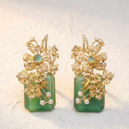 Hand Crafted Blossom Earrings - Gold Plated Semi Precious Stone