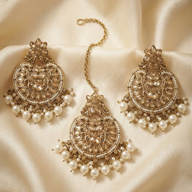 Gold Plated Crescent Moon Earrings & Tikka Jewelry Set