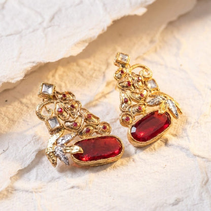 Hand Crafted Gold Plated Jhumka Earrings - Premium Stone Work