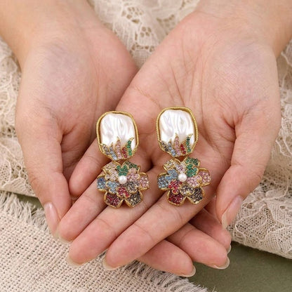Gem-Encrusted Floral Dangle Earrings