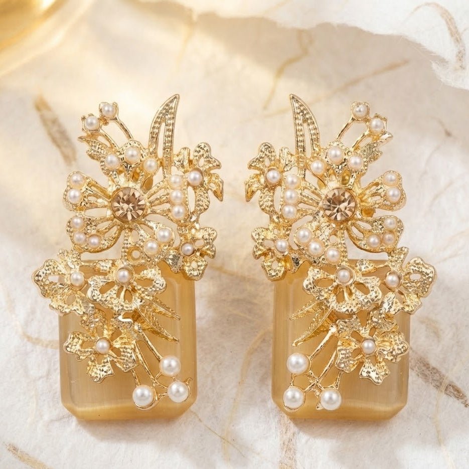 Hand Crafted Blossom Earrings - Gold Plated Semi Precious Stone